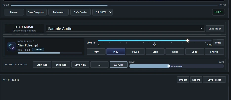 Audio Motion Lab recording, export and preset controls