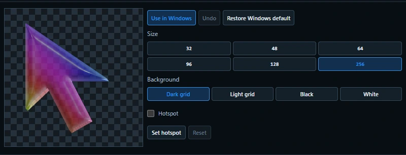 CursorFlux Pro preview, size and hotspot controls